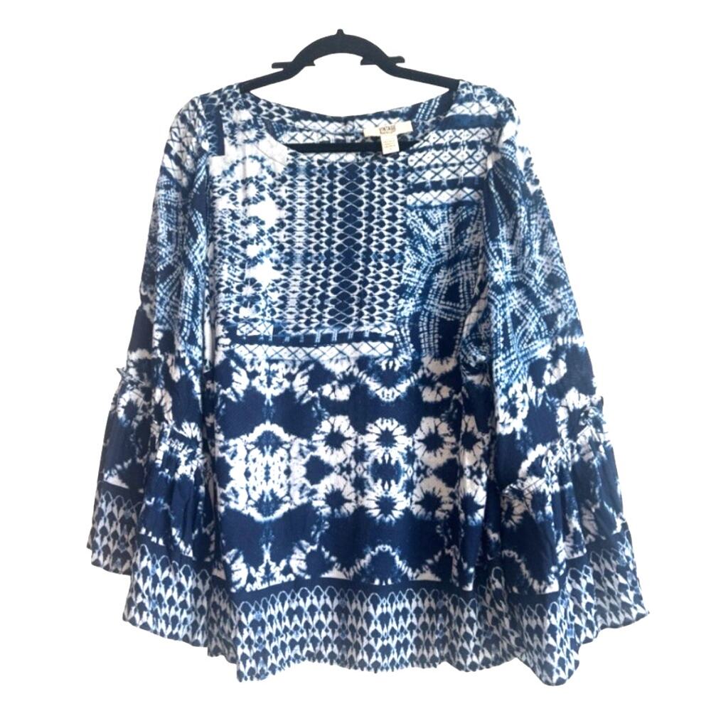 Vintage America Blue and White Tie Dye, Boho Print, Dramatic Sleeves Blouse